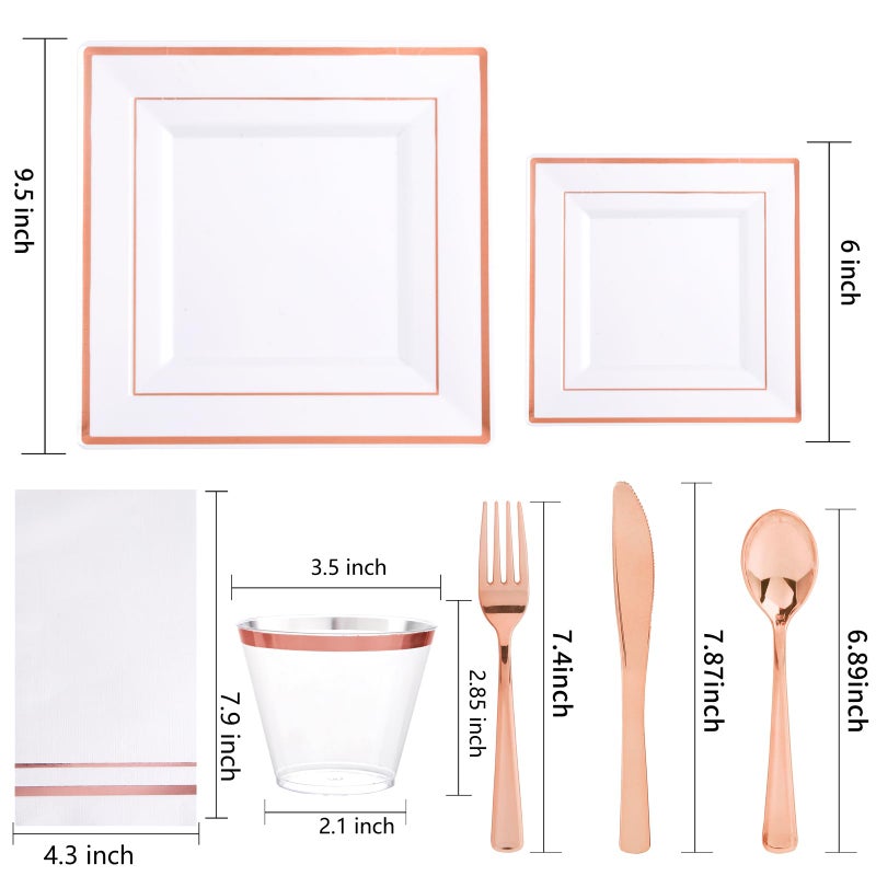 Festiva Festiva 350Pcs Rose Gold Plates and Napkins Party Supplies-Square White and Rose Gold Plates Disposable Dinnerware include Plates Cups Cutlery Napkins for 50 Guests Wedding&Valentine's Day &Party  - Image 2