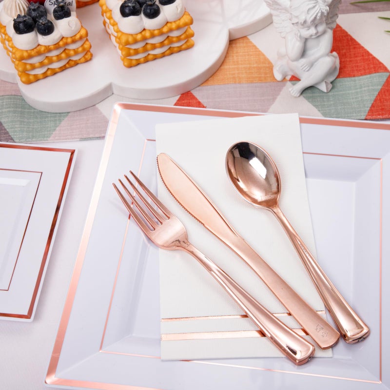Festiva Festiva 350Pcs Rose Gold Plates and Napkins Party Supplies-Square White and Rose Gold Plates Disposable Dinnerware include Plates Cups Cutlery Napkins for 50 Guests Wedding&Valentine's Day &Party  - Image 3