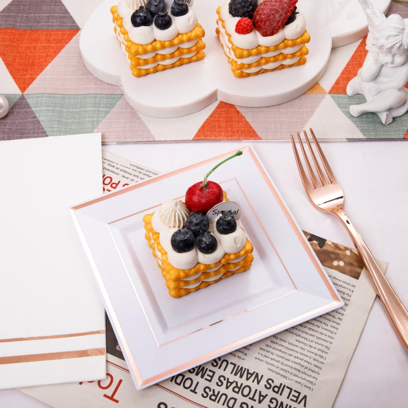 Festiva Festiva 350Pcs Rose Gold Plates and Napkins Party Supplies-Square White and Rose Gold Plates Disposable Dinnerware include Plates Cups Cutlery Napkins for 50 Guests Wedding&Valentine's Day &Party  - Image 5