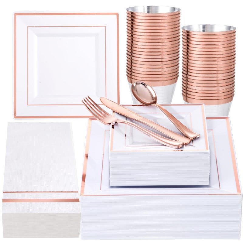 Festiva Festiva 350Pcs Rose Gold Plates and Napkins Party Supplies-Square White and Rose Gold Plates Disposable Dinnerware include Plates Cups Cutlery Napkins for 50 Guests Wedding&Valentine's Day &Party  - Image 1