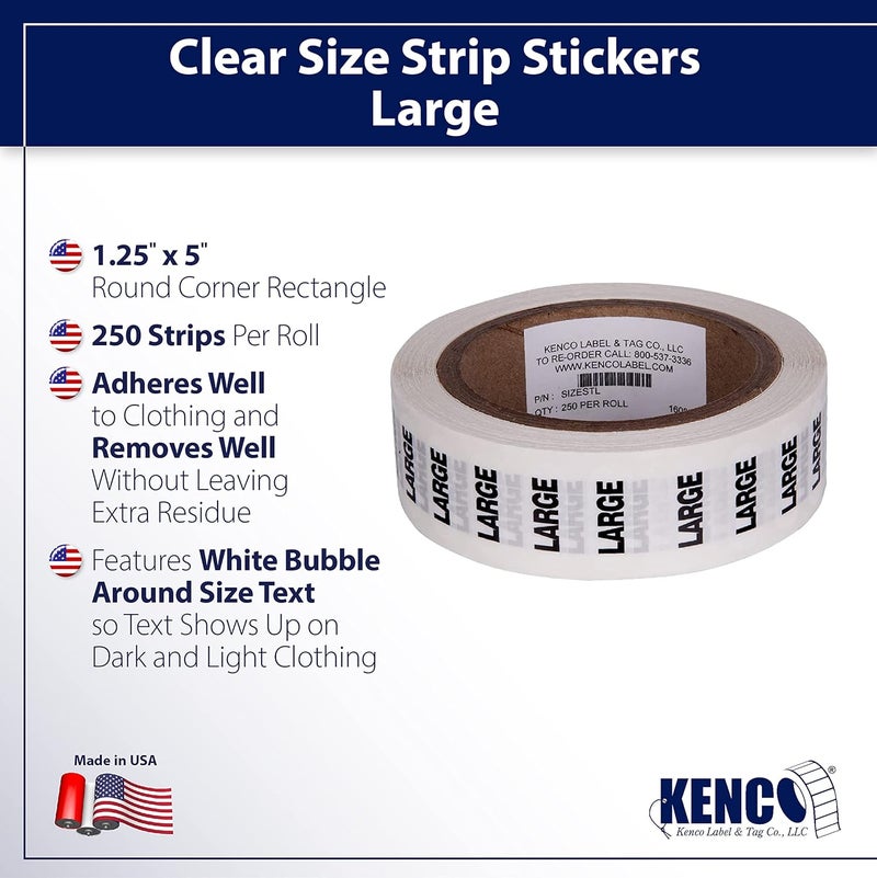 KENCO Clothing Size Strip Labels - 1.25" X 5" - 250 Strips Per Roll - Clear with Black and White Ink by (Large) - Image 2
