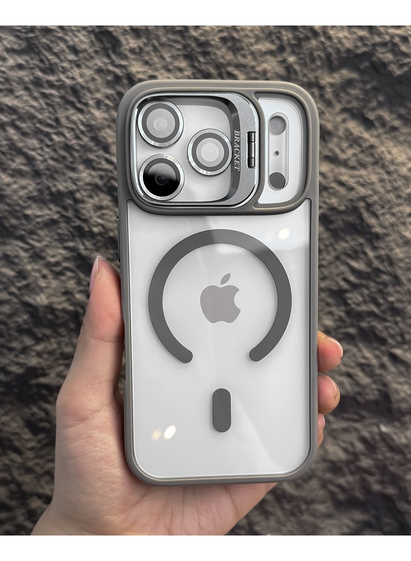 Metal Bracket Phone Case for iPhone 17 Pro Max - Magnetic Wireless Charging - Acrylic Silicone - With Camera Protection Lens - Grey - Image 1