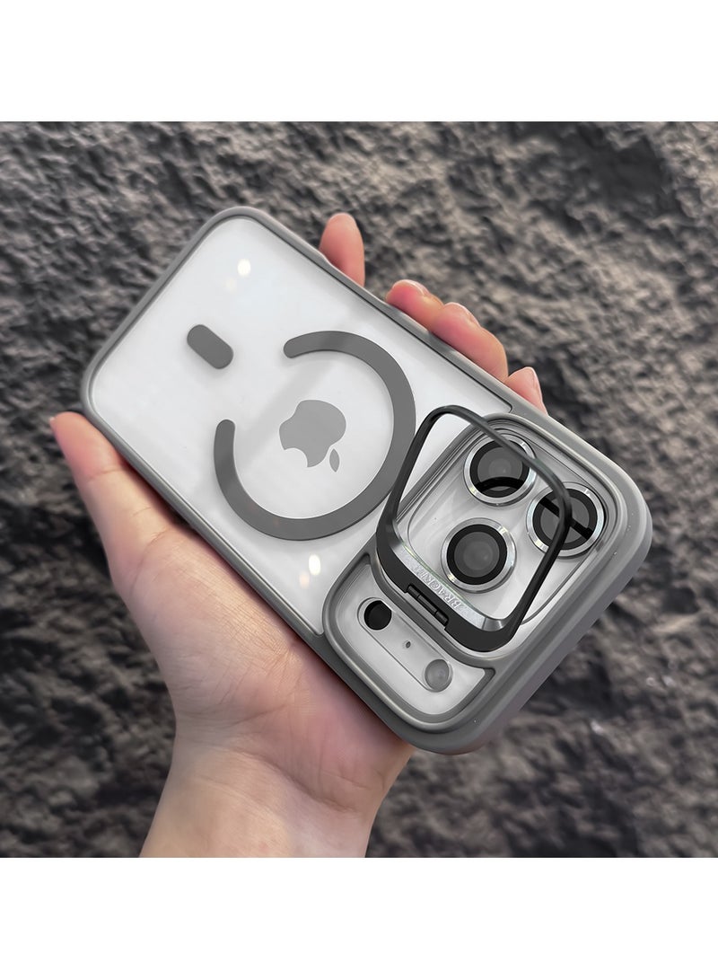 Metal Bracket Phone Case for iPhone 17 Pro Max - Magnetic Wireless Charging - Acrylic Silicone - With Camera Protection Lens - Grey - Image 2