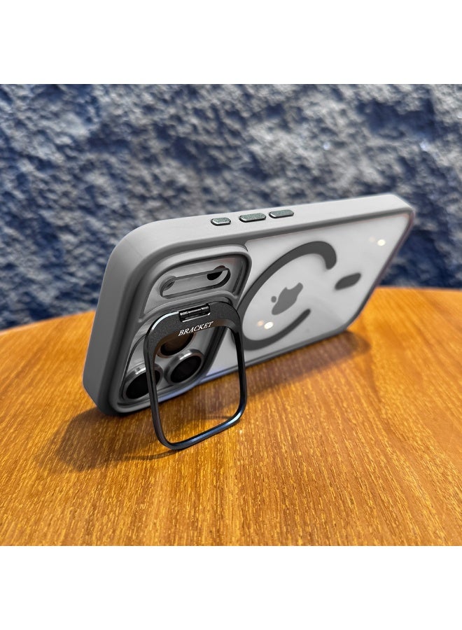 Metal Bracket Phone Case for iPhone 17 Pro Max - Magnetic Wireless Charging - Acrylic Silicone - With Camera Protection Lens - Grey - Image 3