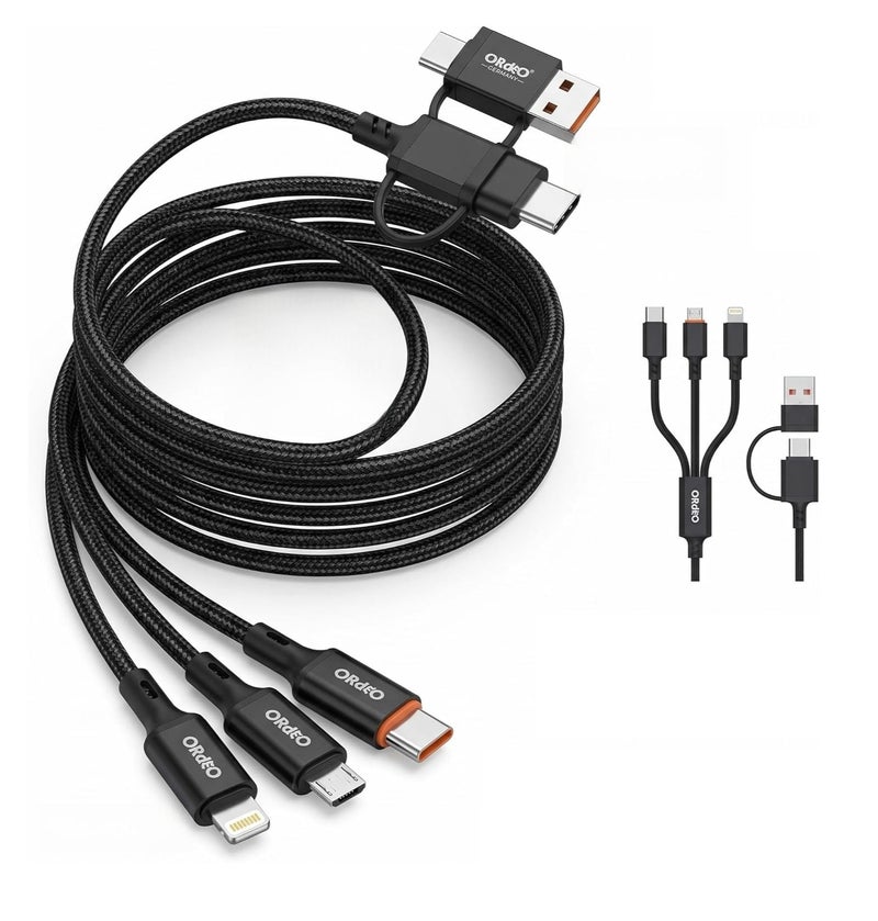 ORdEO 4-in-1 Multi-Functional Fast Charging & Data Cable, 1000mm (1m), High Strength Nylon Braided, 480Mbps Data Transfer, Bionic Terminal Design, Universal Compatibility for iPhone, Type-C, Micro USB, Length - Image 1