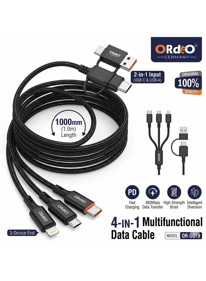 ORdEO 4-in-1 Multi-Functional Fast Charging & Data Cable, 1000mm (1m), High Strength Nylon Braided, 480Mbps Data Transfer, Bionic Terminal Design, Universal Compatibility for iPhone, Type-C, Micro USB, Length - Image 2