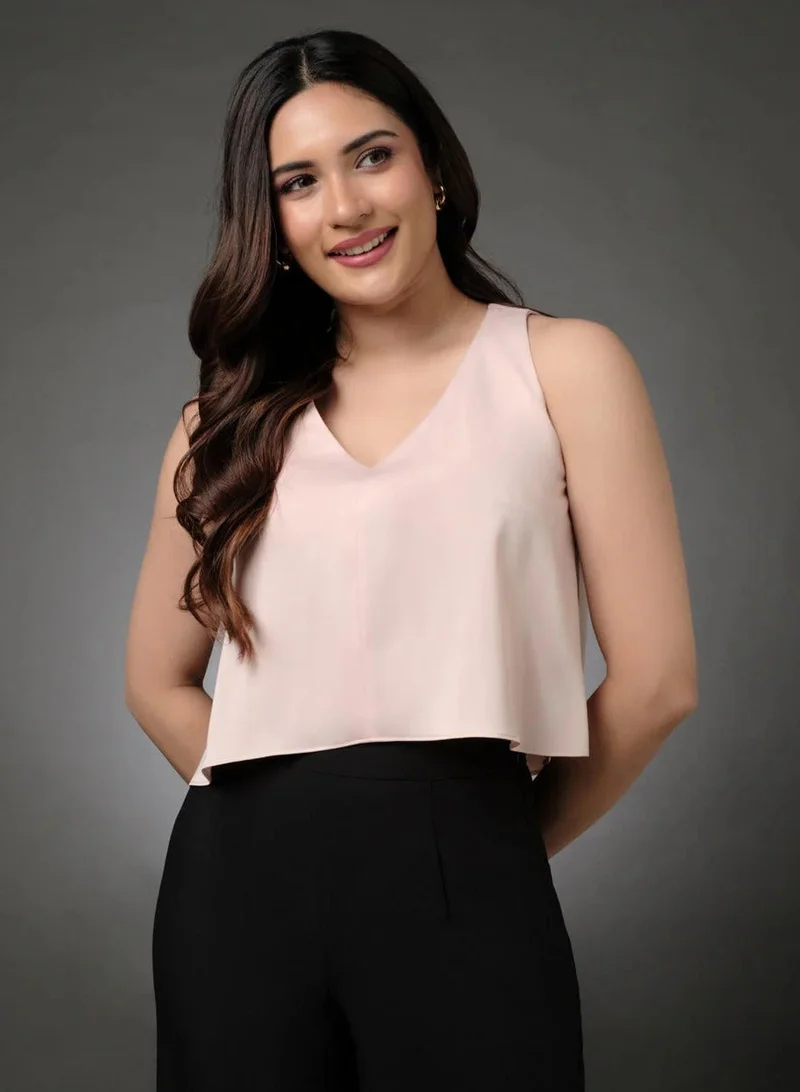 Zigzag Silk Satin Vneck Sleeveless Beige Top