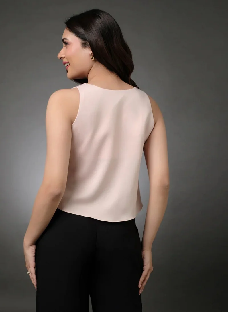 Zigzag Silk Satin Vneck Sleeveless Beige Top