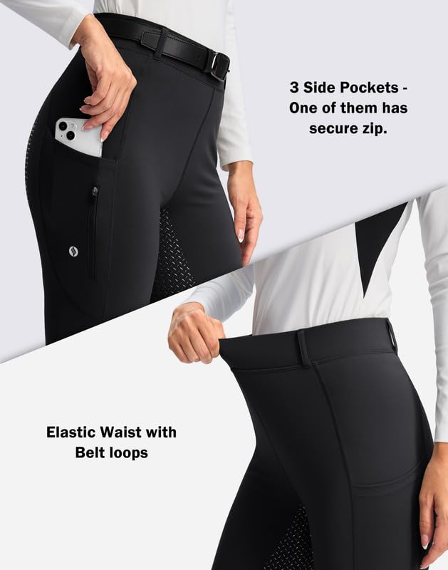 SANTINY Women's Horse Riding Pants Zipper Pockets Silicone Full-Seat Breeches Equestrian Schooling Tights for Women (Black_L) - Image 4