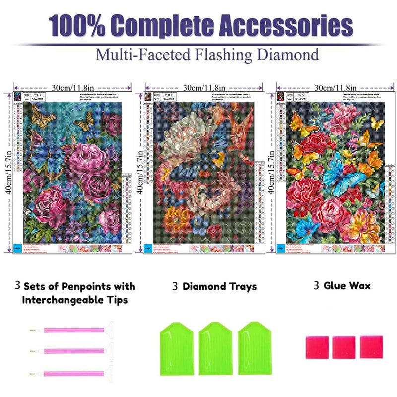 OFRKE Diamond Painting Kits for Adults,3 Pack Flower Butterfly Diamond Art for Beginners, Diamond Round 5D Full Drill Paint with Diamonds Pictures Gem Art Painting Kits DIY Crafts Kits 12x16inch - Image 3