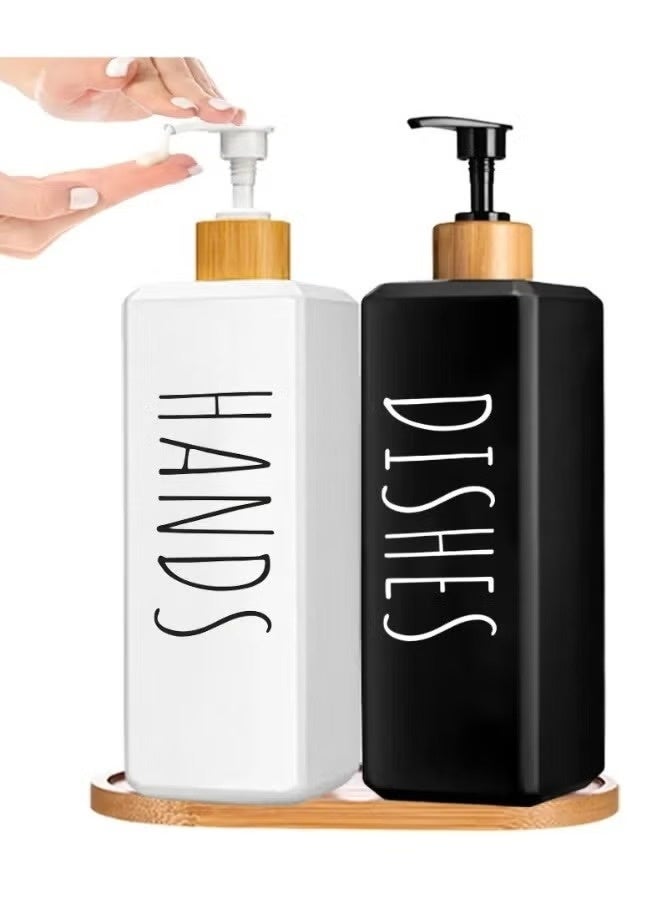 2 Pieces Glass Soap Dispenser with Wooden Tray for Bathroom and Kitchen Sink Refillable Multi-Purpose, 450ml (Black and White) - Image 1