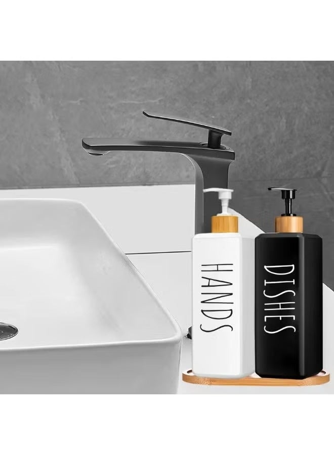 2 Pieces Glass Soap Dispenser with Wooden Tray for Bathroom and Kitchen Sink Refillable Multi-Purpose, 450ml (Black and White) - Image 2