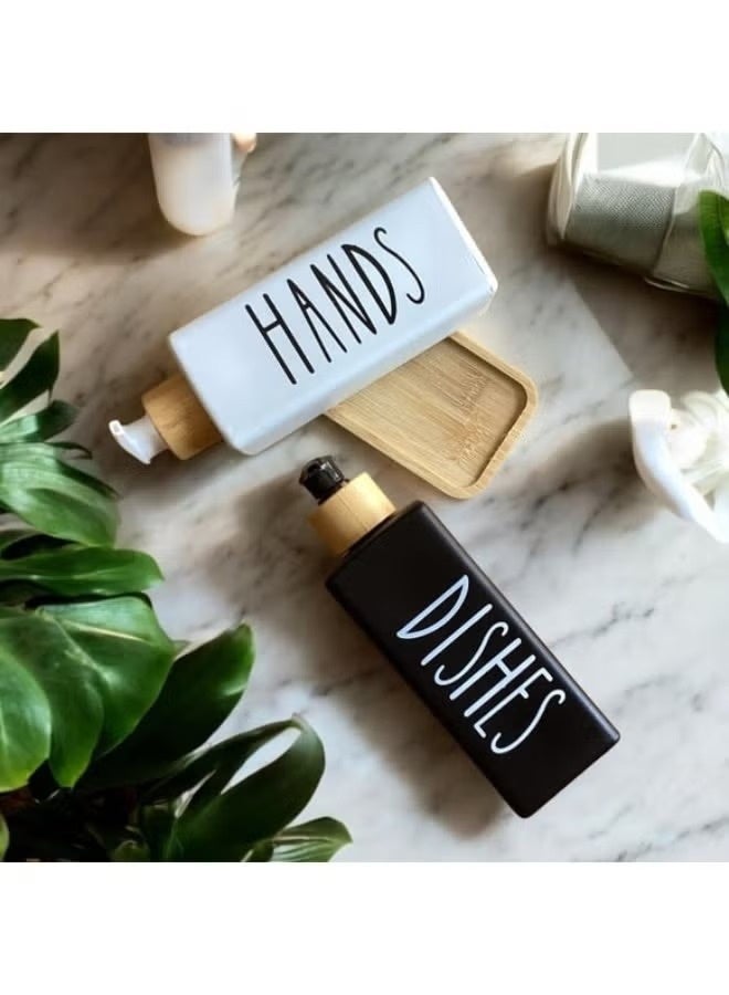 2 Pieces Glass Soap Dispenser with Wooden Tray for Bathroom and Kitchen Sink Refillable Multi-Purpose, 450ml (Black and White) - Image 3
