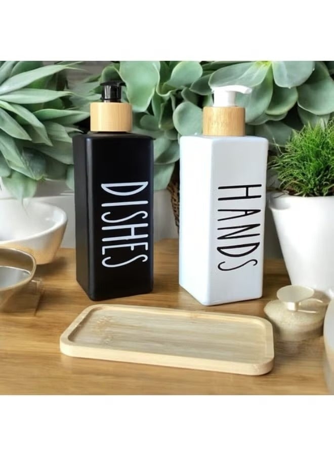 2 Pieces Glass Soap Dispenser with Wooden Tray for Bathroom and Kitchen Sink Refillable Multi-Purpose, 450ml (Black and White) - Image 4