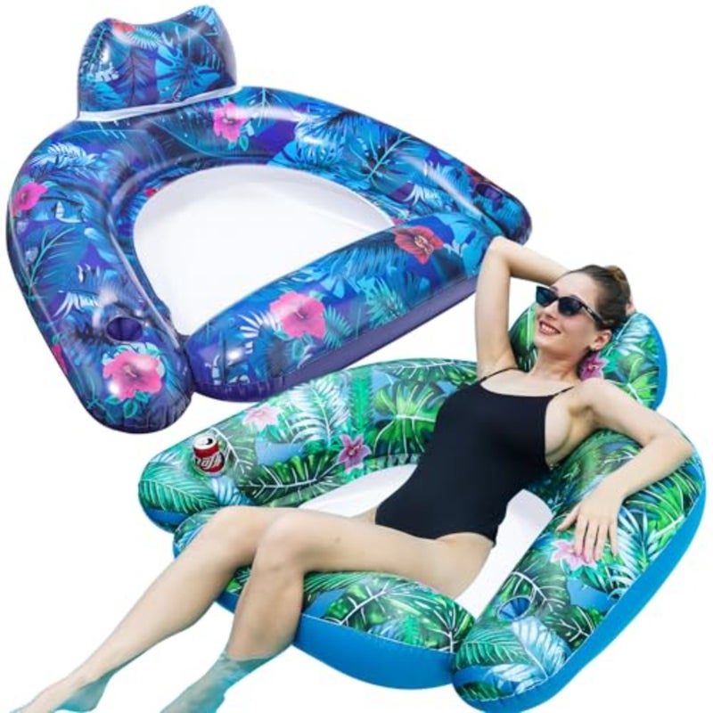 Inflatable Pool Float Chair for Adults, 2 Pack X-Large Floating Pool Chairs, Heavy Duty Swimming Pool Lounger Chair with Cup Holder, Pool Floaties Water Toys for Summer Party, Lake and Beach - Image 1
