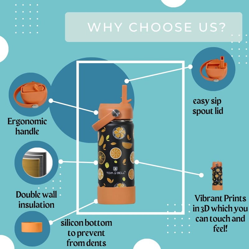 TOM  BELL Insulated Water Bottle for Kids 500ml,Double Wall Water Bottle for School, Sipper Bottle,Hot and Cold, Premium 304 Stainless Steel. (Orange, 500ml) - Image 5