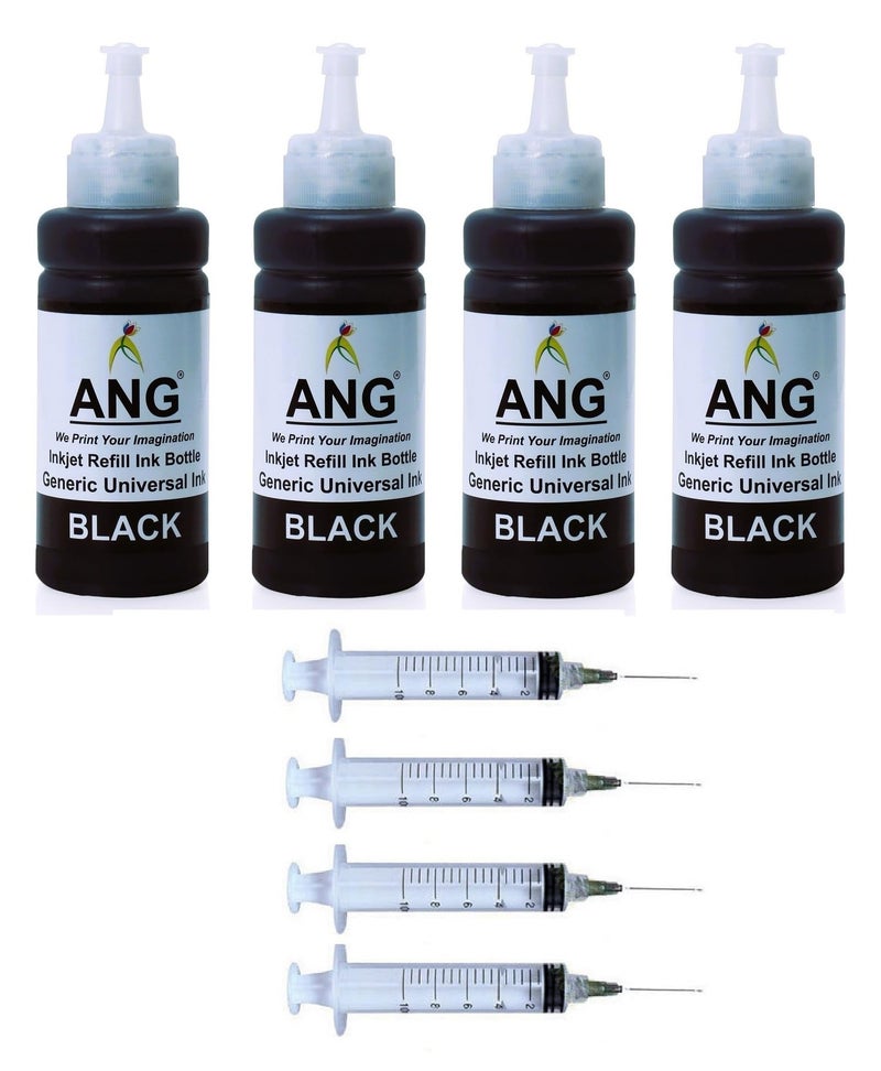ANG Compatible Refill Ink for Pixma Printer 400gms Ink Suitable for E500, E510, E400, E410, E560, E470, E480, E417, E600, E610, E477 MG Series, MP Series, IP Series etc. 4 Black with 4 Syringes - Image 1