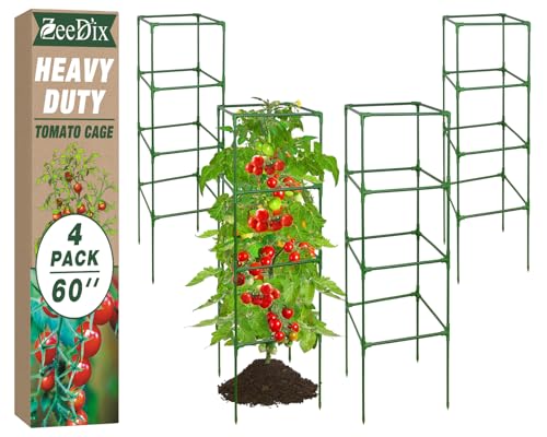 ZeeDix 4 Pack Tomato Cages for Garden 60 Inches, Heavy Duty Square Adjustable Tomato Trellis Cage Climbing Plant Support Trellis Plant Cages for Climbing Vegetables Flowers with 40Pcs Clips - Image 1