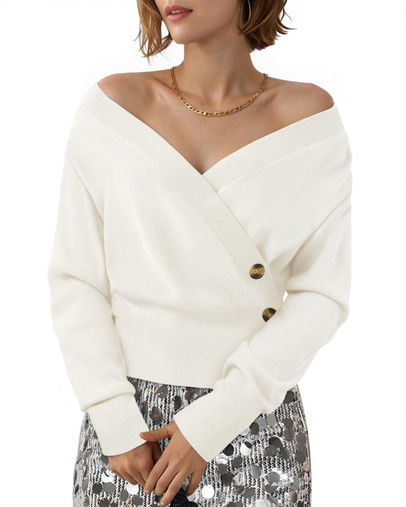 Timeson Sweaters for Women Trendy: Cozy Pullover Lightweight â€” Business Casual Sweaters for Women Off The Shoulder White Warm Long Sleeve V Neck Knitted Tops Fashion Soft Work Office Winter Clothing - Image 3