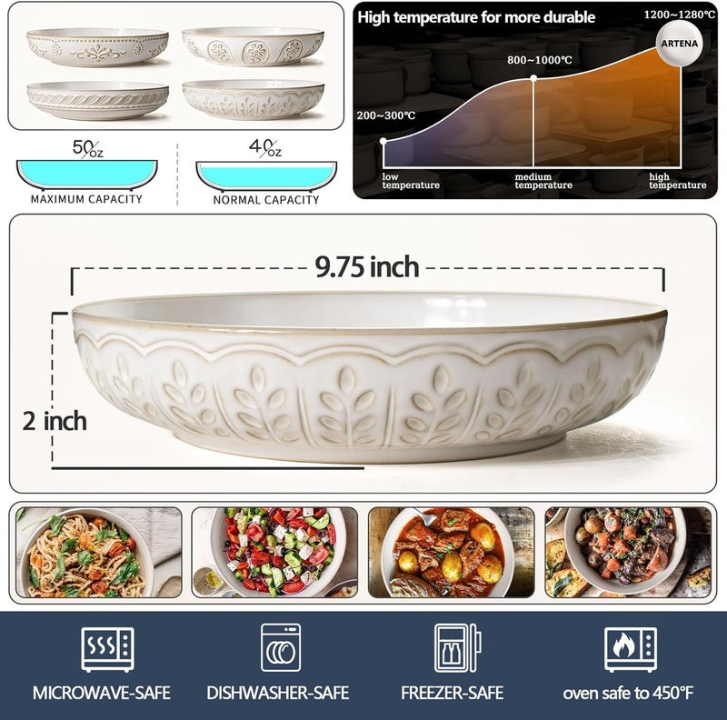 Artena أطباق باستا، 50 أونصة أطباق سلطة كبيرة، مجموعة 4 أطباق بقطر 9.75 بوصة، أطباق شوربة سيراميك بيضاء كبيرة للمطبخ، وعاء عشاء ضحل مزخرف، آمن للاستخدام في الميكروويف وغسالة الصحون، ورقة قمح - Image 3