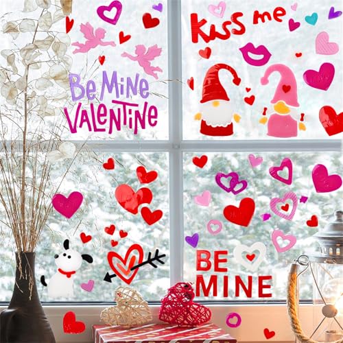 HOHUCRAB Valentines Window Clings Gel, Kiss Me, Be Mine Valentine,Cupid,Heart Love Gnome Window Clings for Glass Windows,Valentines Window Stickers,Valentines Day Decorations - Image 2