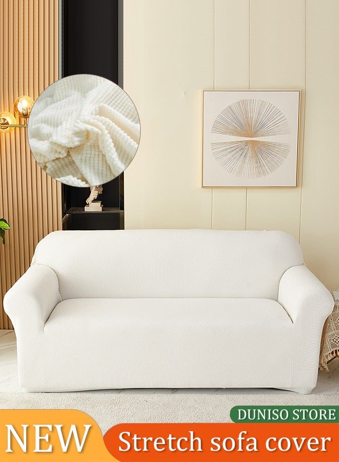 غلاف أريكة قابلة للتمدد لثلاثة مقاعد، قماش جاكار من البوليستر والإيلاستاند صغير الحجم، واقي أثاث للأريكة ناعم مع قاعدة مرنة لغرفة المعيشة، الأطفال، الحيوانات الأليفة (أريكة، أبيض) - Image 2