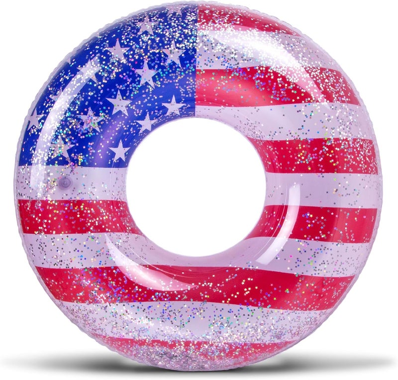 POZA Inflatable USA Pool Float - Luxurious Fun Lounger Filled with Sparkle Silver Stars Confetti, Cool USA Flag Design Water Swimming Pool Floaties for Beach, Lake & Pool - Image 1