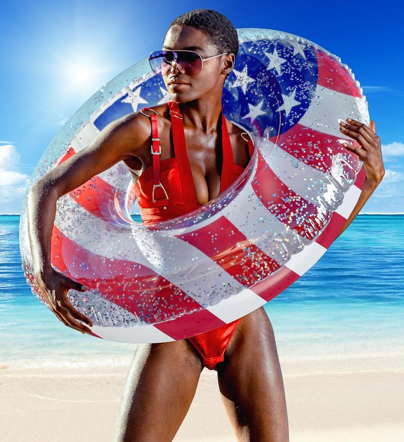 POZA Inflatable USA Pool Float - Luxurious Fun Lounger Filled with Sparkle Silver Stars Confetti, Cool USA Flag Design Water Swimming Pool Floaties for Beach, Lake & Pool - Image 4