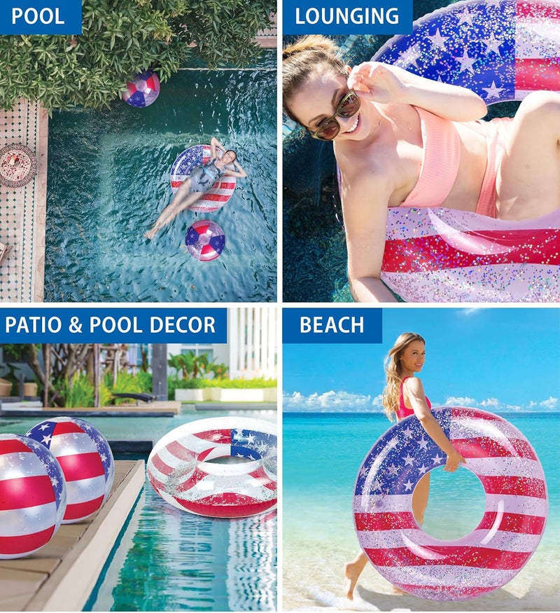 POZA Inflatable USA Pool Float - Luxurious Fun Lounger Filled with Sparkle Silver Stars Confetti, Cool USA Flag Design Water Swimming Pool Floaties for Beach, Lake & Pool - Image 3