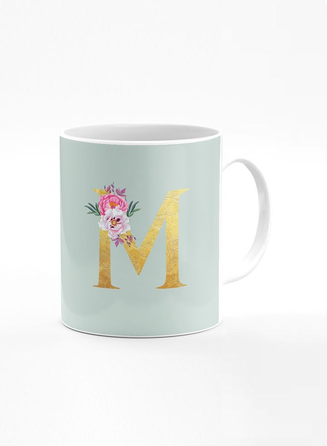 Designer Printed Coffee Mug 11oz Ceramic Personalised Gift Mugs Cup -Custom Monogram Initial Letter Floral Pattern Alphabet - M (Light Green)
