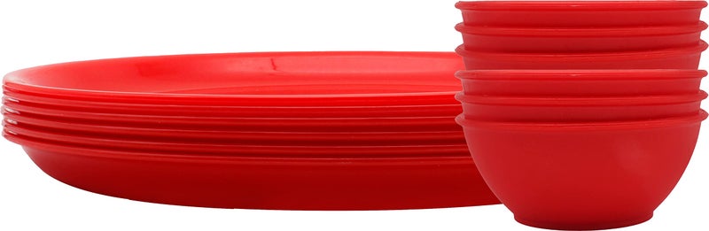 ABCDEF Jaycee Pack of 6 Plastic Unbreakable Round Microwave Safe Full Dinner Plates and Bowls Set Dinner Set (Red) - Image 1