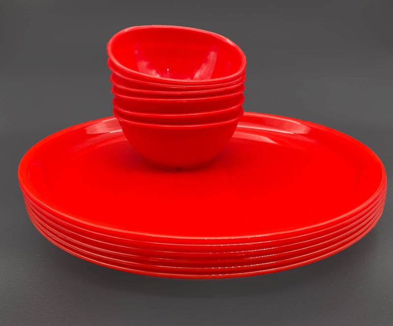 ABCDEF Jaycee Pack of 6 Plastic Unbreakable Round Microwave Safe Full Dinner Plates and Bowls Set Dinner Set (Red) - Image 2
