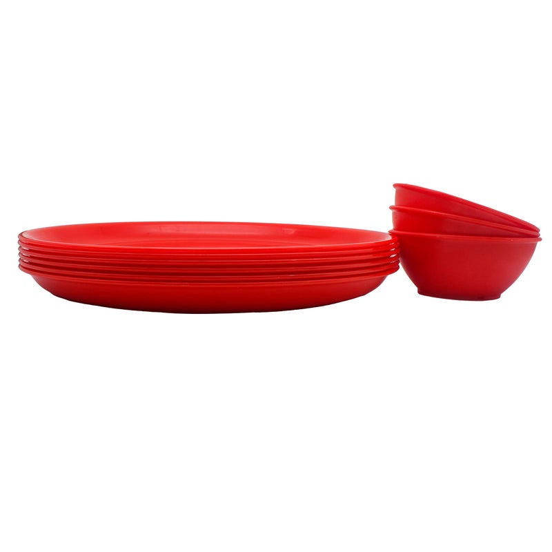 ABCDEF Jaycee Pack of 6 Plastic Unbreakable Round Microwave Safe Full Dinner Plates and Bowls Set Dinner Set (Red) - Image 3