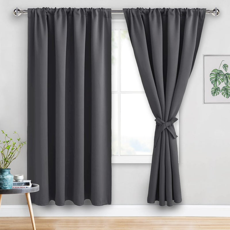 JIUZHEN Blackout Curtains for Bedroom - Thermal Insulated Room Darkening Rod Pocket Curtains for Living Room  Set of 2 Panels with Tiebacks  60 x 72 Inch Length  Dark Grey - Image 1