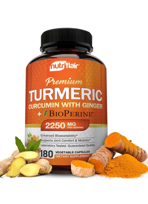 Turmeric Curcumin with Ginger and BioPerine Joint Support, Antioxidant, Anti Aging 2250mg 180 Caps 60 Servings