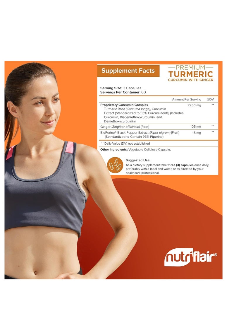 Turmeric Curcumin with Ginger and BioPerine Joint Support, Antioxidant, Anti Aging 2250mg 180 Caps 60 Servings