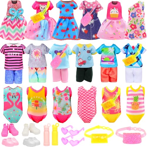 Miunana 22 Pcs Mini 5 inch Doll Clothes and Accessories Including 4 Sets Fashion Dresses 4 Casual Tops and Pants Outifits 4 Swimsuits with 4 Shoes 2 Glasses 2 Shoulder Bag for 5-5.3 Inch Dolls - Image 1