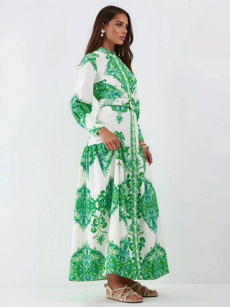 Jennyfer Paisley Print Belted Maxi Dress with Shirt Collar