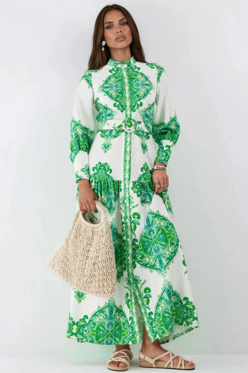 جينيفر Paisley Print Belted Maxi Dress with Shirt Collar