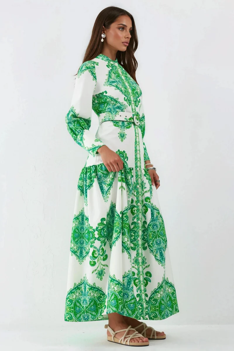 جينيفر Paisley Print Belted Maxi Dress with Shirt Collar
