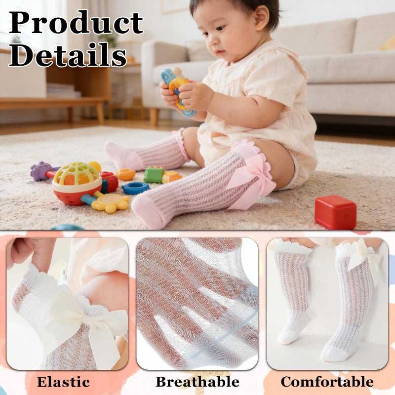 KUNAL 10 Pairs Newborn Knee High Socks Girl,Baby Knee Cotton Bow Ruffle Socks,Baby High Hose for Girls Boys Infant Toddler - Image 4