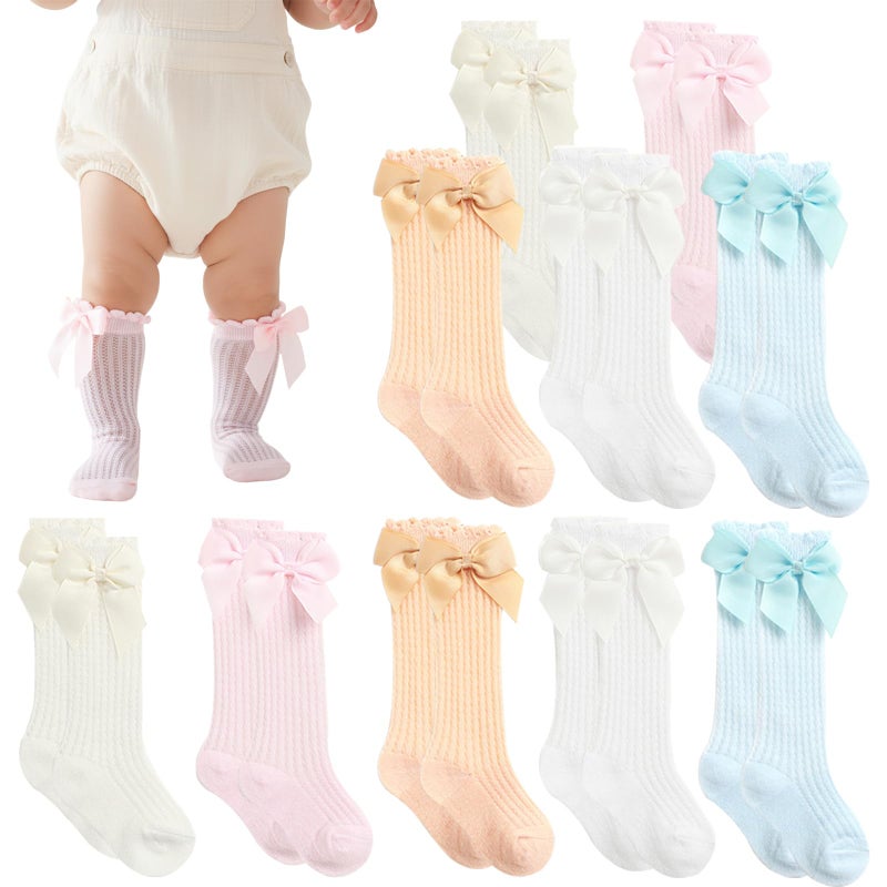 KUNAL 10 Pairs Newborn Knee High Socks Girl,Baby Knee Cotton Bow Ruffle Socks,Baby High Hose for Girls Boys Infant Toddler - Image 1