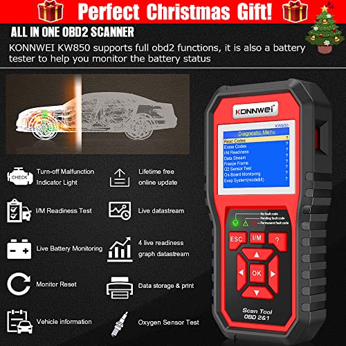 Konnwei ماسح ضوئي احترافي KONNWEI KW850 OBD2 لقراءة رموز السيارات وأداة تشخيص لمصابيح فحص المحرك للسيارات OBD II بعد 1996 (أصلي) - Image 2