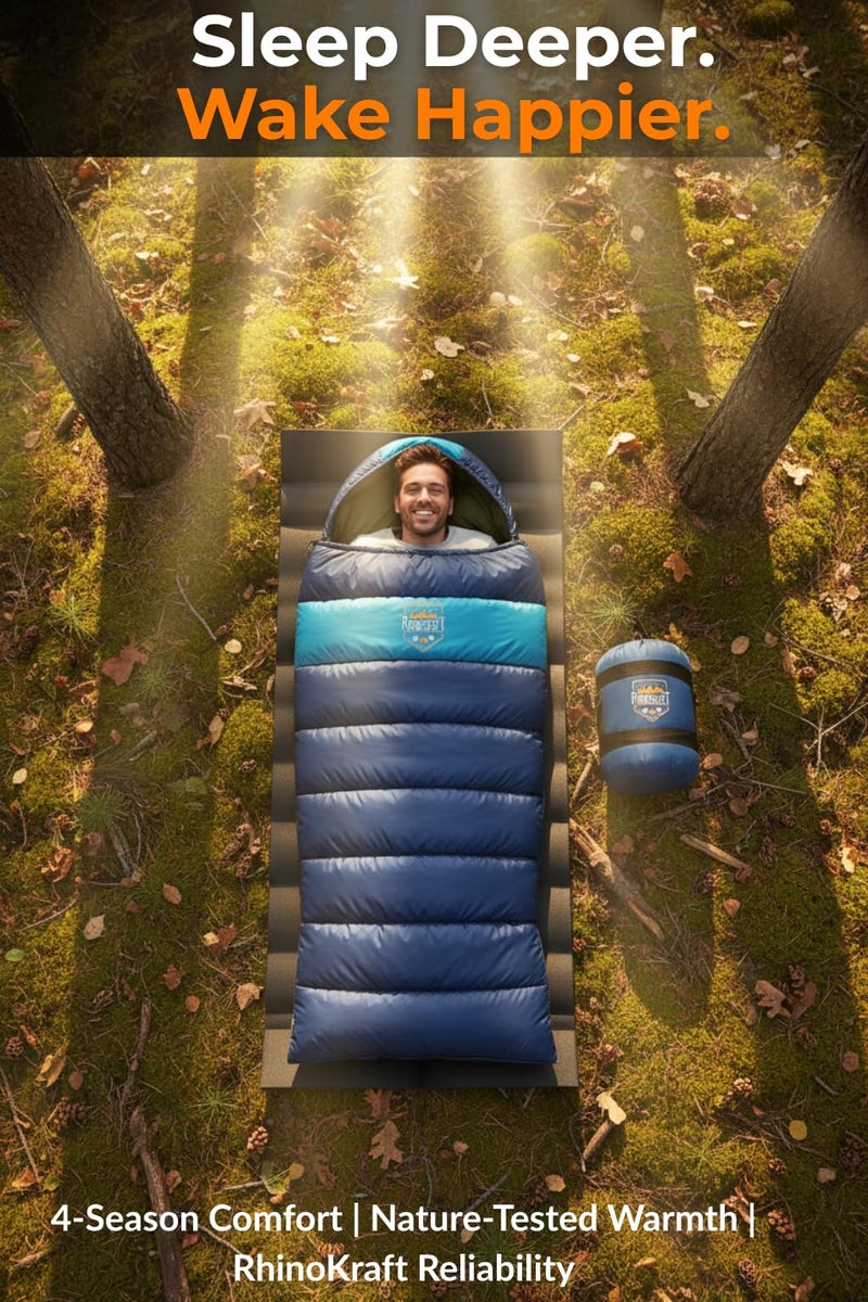 RhinoKraft Ultra-Light Zero Degree Envelope Sleeping Bag for Adults for Mild to Harsh Winter, Portable with Compression Sack for Camping, Trekking, Hiking and Outdoor Activities - Image 5