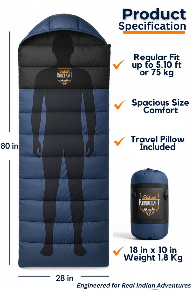 RhinoKraft Ultra-Light Zero Degree Envelope Sleeping Bag for Adults for Mild to Harsh Winter, Portable with Compression Sack for Camping, Trekking, Hiking and Outdoor Activities - Image 2