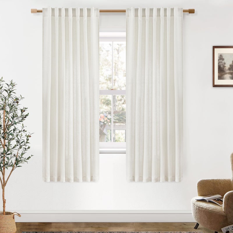 PANELSBURG Linen Curtains 63 Inches Long for Bedroom 2 Panels Set Back Tab Hook Belt Light Filtering Farmhouse Cream Natural Semi Sheer Curtain 63 Inch Length for Living Room Ivory 64 Inch Curtains - Image 1