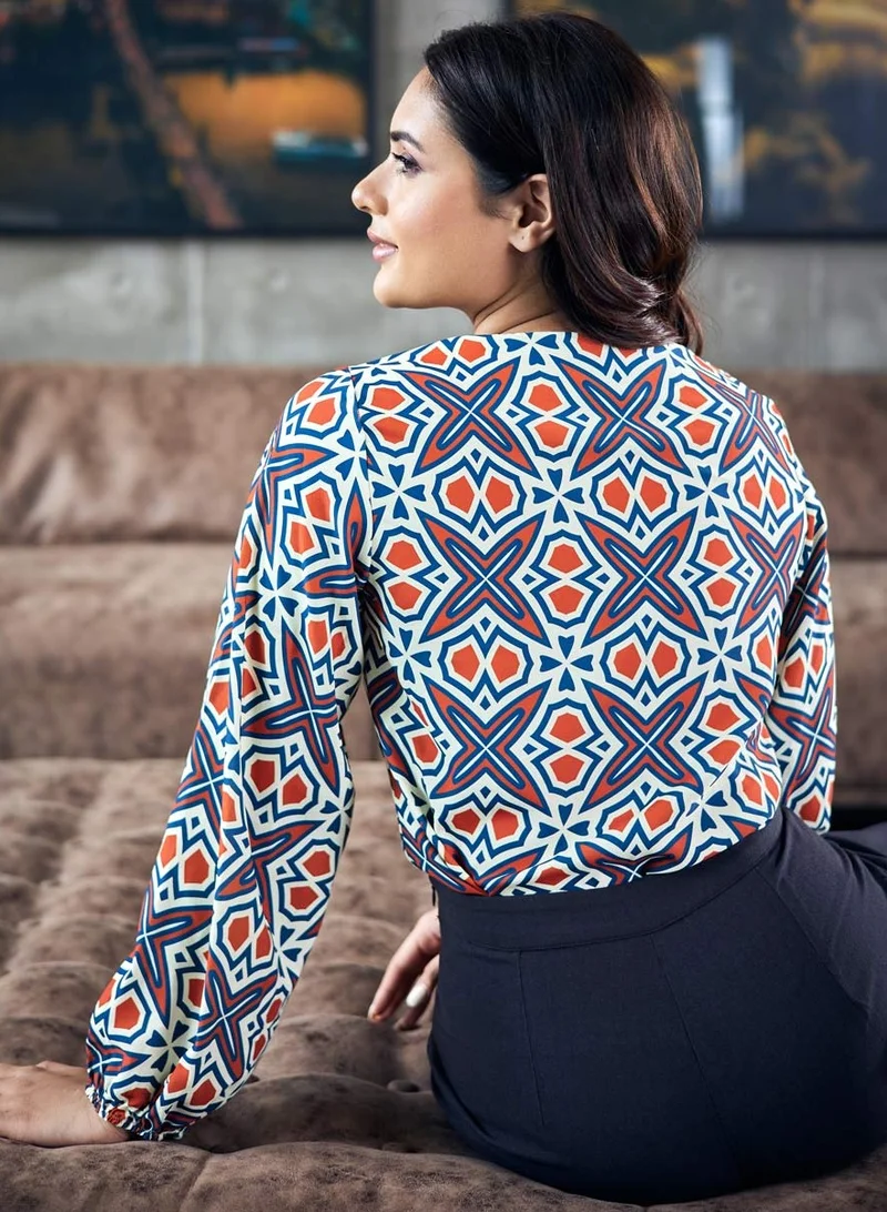 Zigzag Vneck Chiffon Lantern Sleeve Blouse