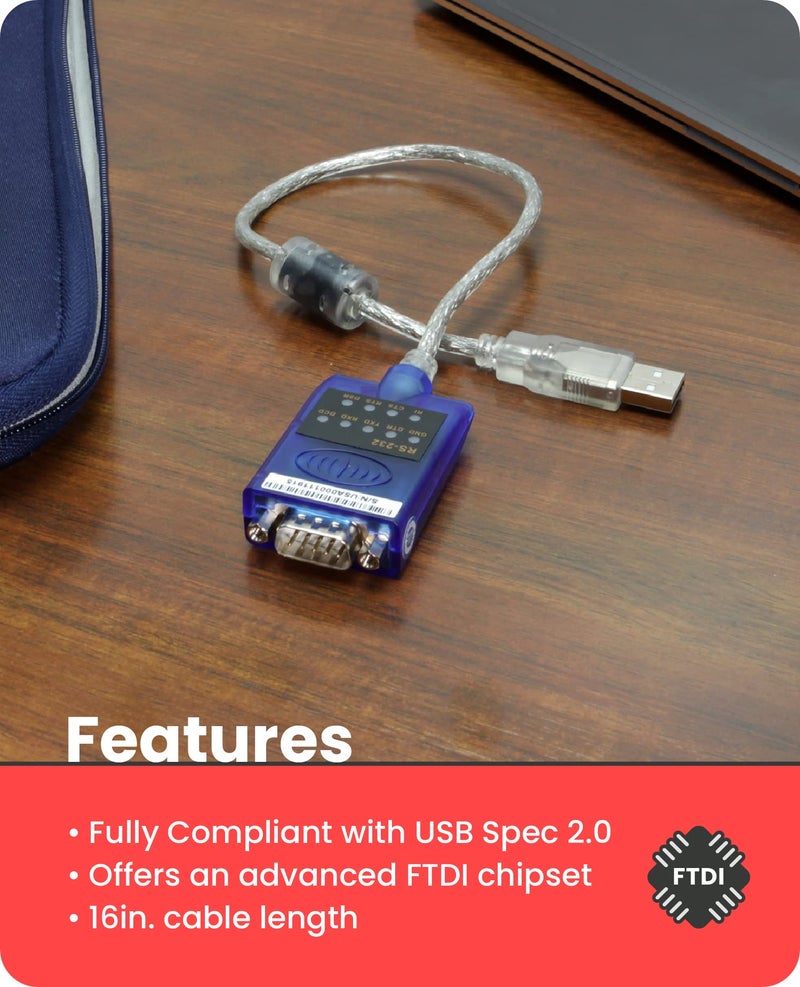 Gearmo USB 2.0 to RS-232 Serial Adapter - 16in. Cable, LED Indicators, FTDI Chip, Plug & Play - Use Legacy Serial Devices with Modern USB Systems - Image 5