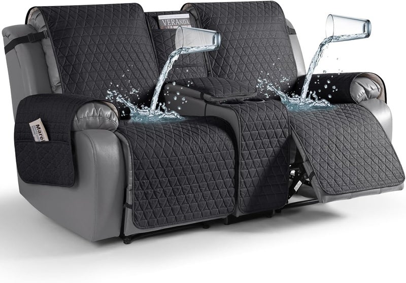 TAOCOCO 100% Waterproof Loveseat Recliner Cover with Console, Non-Slip Washable Reclining Couch Cover for 2 Seats, Furniture Protector for Dogs, Black - Image 1