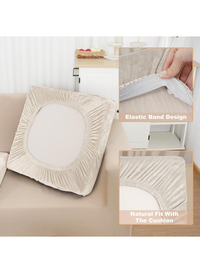 NAISI Sectional Couch Cover 4 Pieces Velvet Separate Couch Cushion Covers L Shape Soft Stretch Sofa Slipcovers with 2pcs Pillowcases for Left/Right Chaise Sectional Couch(3 Seater+1 Chaise,Beige) - Image 3